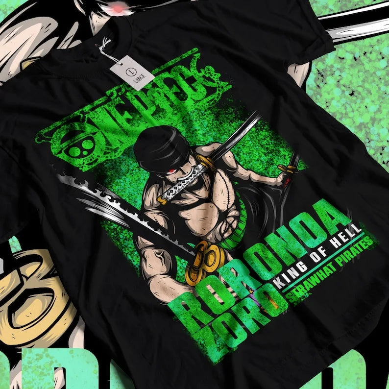 Here at Everythinganimee we only have the best shirts in the world! Embrace the power of the legendary swordsman with the Zoro King of Hell Tee, featuring the fierce and iconic Roronoa Zoro from One Piece. This striking shirt captures Zoro’s unyielding spirit and relentless strength, showcasing his intense pose with his iconic swords ready for battle.