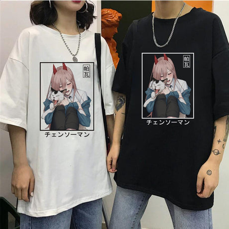 Japanese Manga Power Print O-Neck Oversized Womne Men T-Shirt Gift Boy Chainsaw Man Short Sleve Clothes, everythinganimee