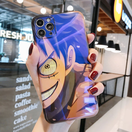 One Piece phone case for iPhone 13, 12, 11, Pro Max, 7, 8, Plus, X, XR, and XS. The case features a colorful design of Luffy and provides protection for your phone while being comfortable to hold. Perfect for One Piece fans and collectors