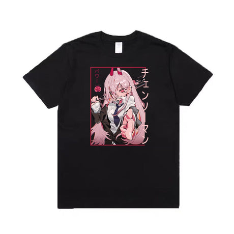 Kawai Anime Power Print O Neck Tee Oversized Womne Men T-Shirt Gift Girl Chainsaw Man Clothes, everythinganimee