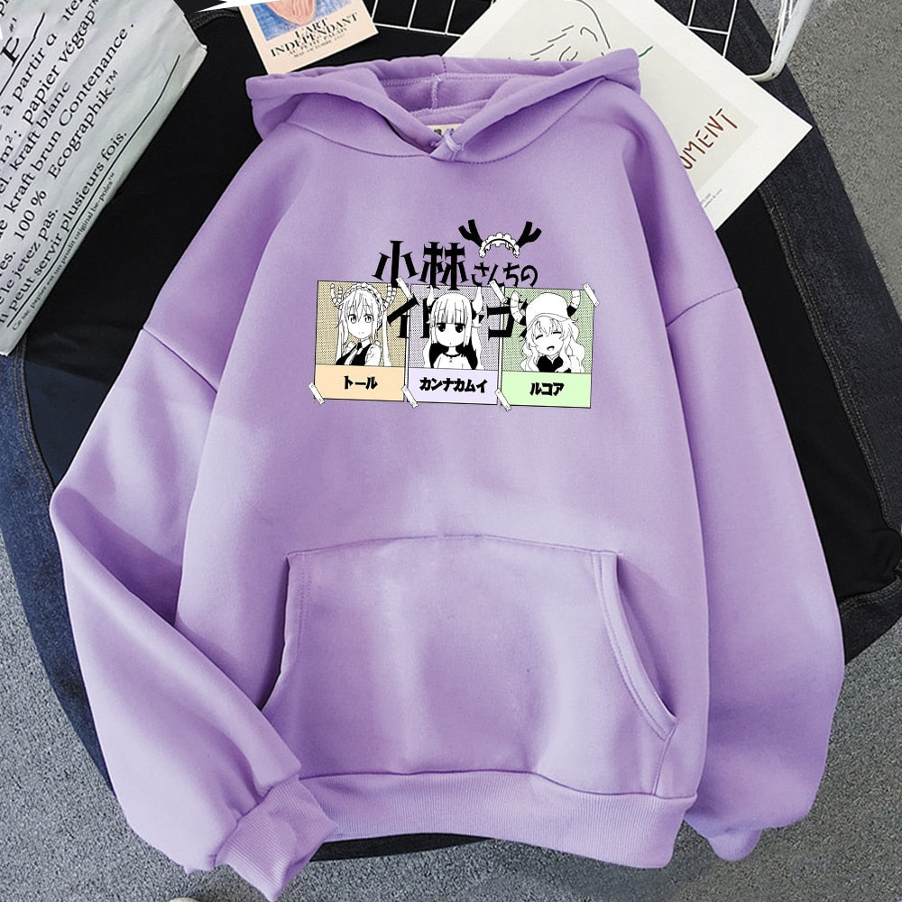 Cute Tohru, Kanna Kamui & Lucoa, Miss Kobayashi San Chi No Maid Dragon Hoodie Cosplay Long sleeve Hoodies Kawaii Sweatshirt moletom Tops Women Purple Streetwear, Everythinganimee