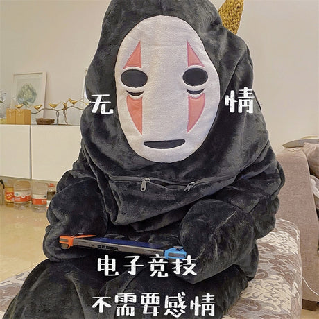 Anime Spirited Away Kigurumi Pajamas No Face Man Plush Winter Flannel Adult Cartoon Anime Cosplay Costume, everythinganimee