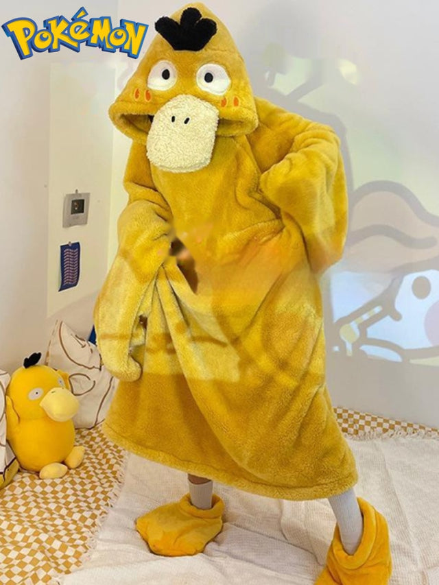 Pokemons Psyduck Plush Pajamas Cartoon Coral Velvet Winter Thickened Night Robe Anime Cosplay Costume Housewear Christmas Gifts, everythinganimee