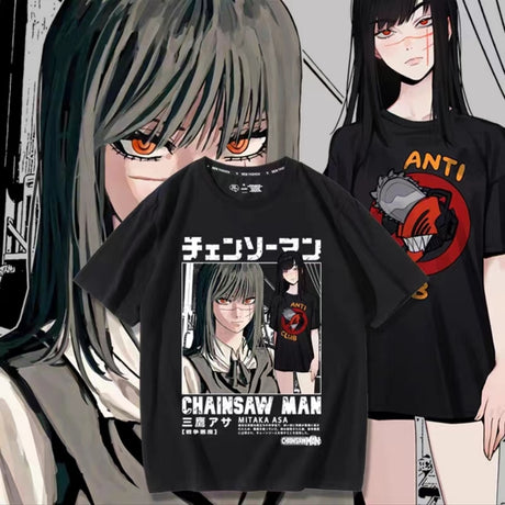 Chainsaw Man Mitaka Asa Anime T-shirt Manga Graphic Print Men Oversized Cotton Short Sleeve Tee Women Top Summer Couple Clothing, everythinganimee
