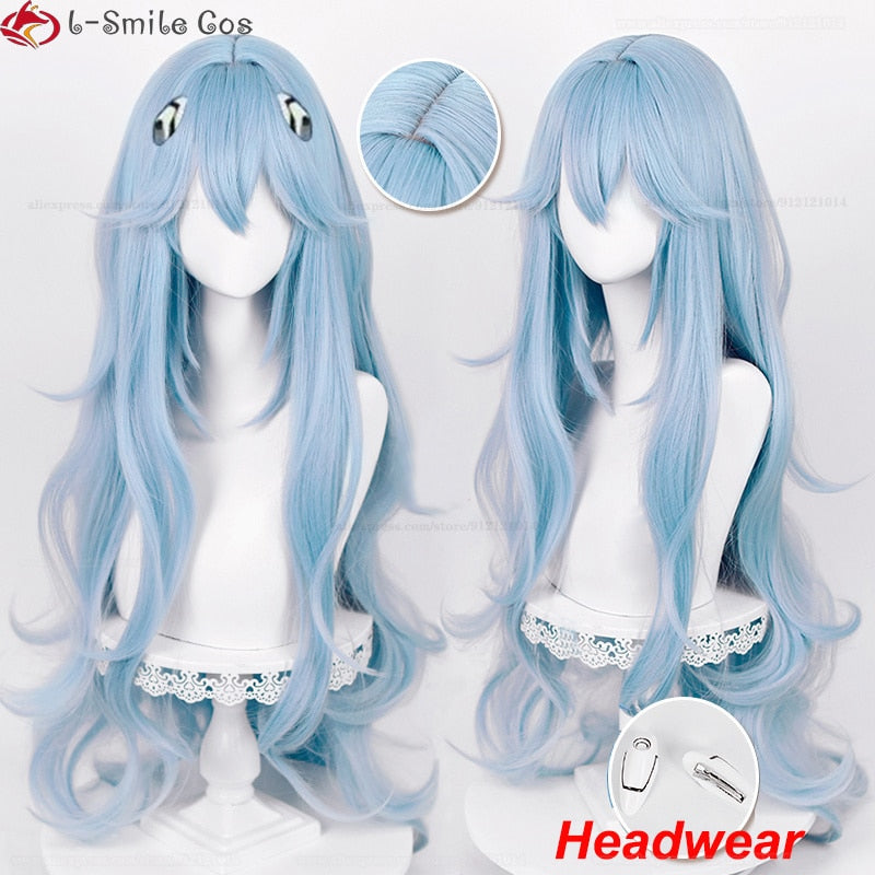 High Quality Anime EVA 100cm Long Ayanami Rei Cosplay Wig Cyan Blue Curly Hair Heat Resistant Halloween Party Wigs + Wig Cap