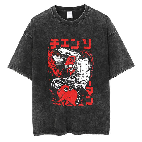 Retro Washed T-Shirt Anime Chainsaw Man T Shirt Cotton Summer Short Sleeve Tshirt Men Woman Harajuku Casual Hip Hop Streetwear, everythinganimee