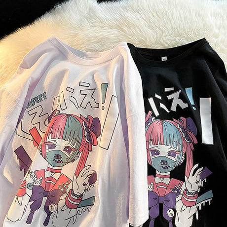 2022 Summer Dark Goth Japan Kanji Mask Girl Anime T Shirts Harajuku Fashion Oversized Short Sleeve Tops Graphic Tees Black White, everythinganimee
