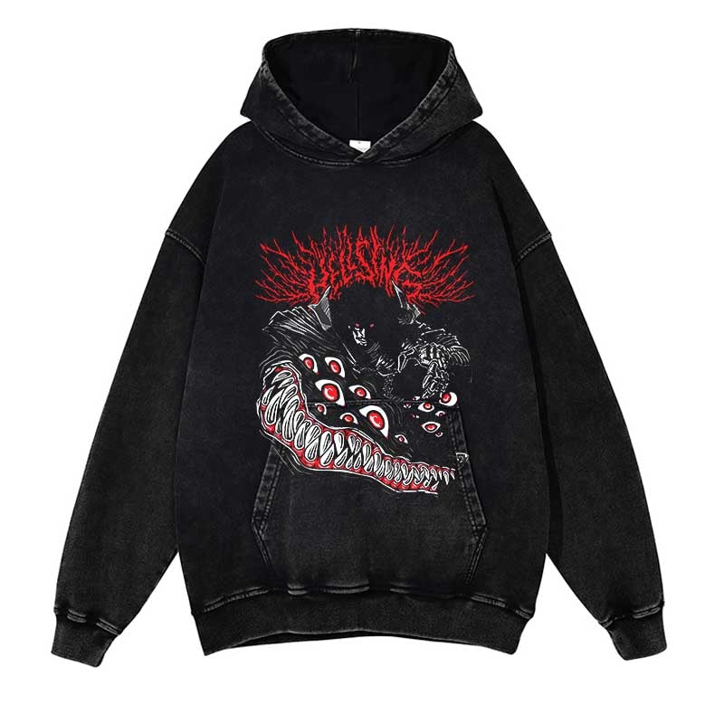 Men Streetwear Vintage Hoodie Demon Killer Sweatshirt Anime Graphic Print Washed Black Hoodie Autumn Harajuku Hooded Pullover, everythinganimee