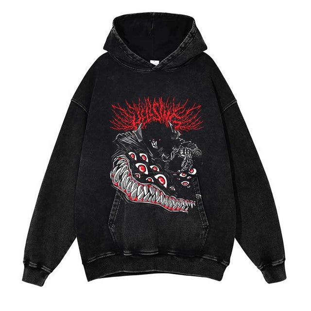 Men Streetwear Vintage Hoodie Demon Killer Sweatshirt Anime Graphic Print Washed Black Hoodie Autumn Harajuku Hooded Pullover, everythinganimee