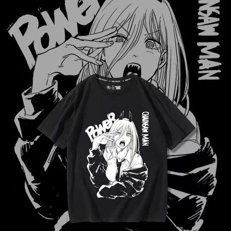 Power Anime T-shirt Chainsaw Man Manga Graphic Printed Oversized Men Cotton Short Sleeve Tee Women Top Summer Couple Clothing, everythinganimee