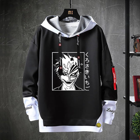 Anime Bleach Hoodies Streetwear Kurosaki Ichigo Ribbons Letter Print Hoodie Fake Two Piece Patchwork Sweatshirt Pullover Clothes