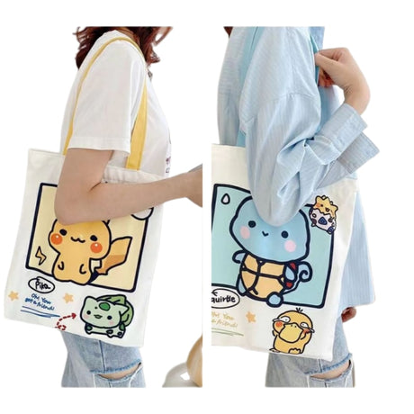 Pokemon Canvas Bag Large Capacity Shoulder Bag Cartoon Tote Shopping Bag Zipper Canvas Bag Cute Male and Female Student Bag, everythinganimee
