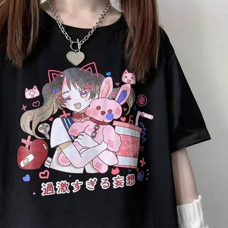 JK Sweet Girl Japan Kanji Anime T Shirts Kawaii Clothes for Teens Black White Cartoon Tops 2022 Summer Large 2XL Harajuku Casual, everythinganimee