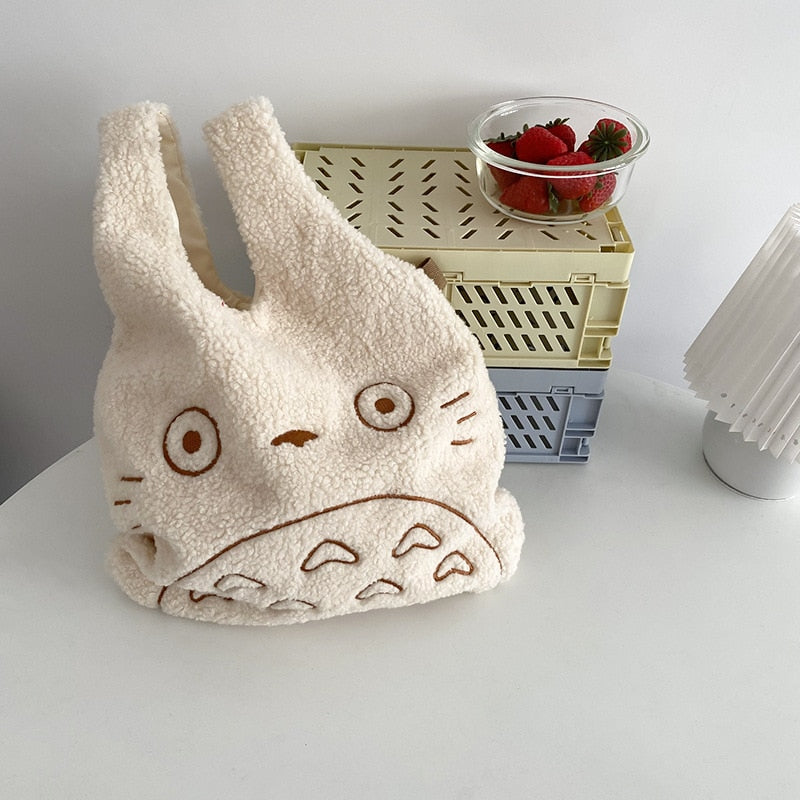 Cartoon Totoro Embroidery Lamb Fabric Handbag for Women Girls Japan INS Shoulder Bag Tote Bag Soft Fur Shopper Bag from spirited away, everythinganimee
