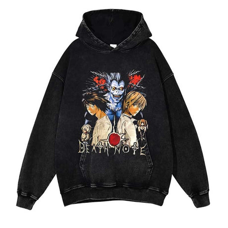 Anime Death Note Print Men Hooded Vintage Washed Cotton Hoodie Harajuku Casual Hip Hop Streetwear Sweatshirt Hoodie, everythinganimee