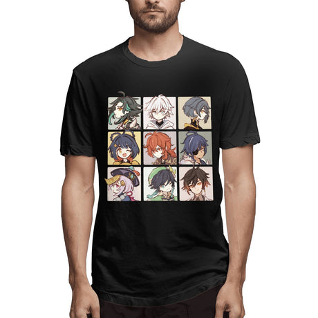 Genshin Impact Characters Chibi Assemble T Shirt Game Popular T-Shirt Print Cotton Couple Tee Shirt Short Sleeve Classic Top Tee, everything animee