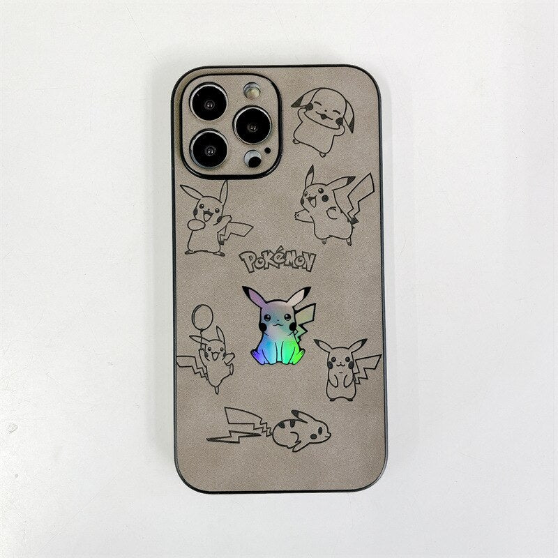 Anime Pokemon Pikachu leather Embossing laser Cartoon Phone Case For iPhone 14 13 12 11 Pro Max Xr X 7 8 14 Plus Case Cute Cover, everythinganimee