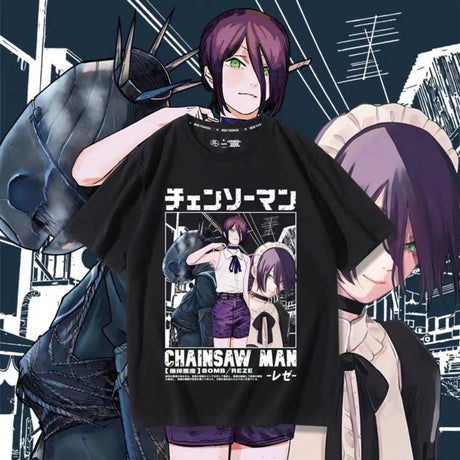 Reze Anime T-shirts Chainsaw Man Manga Graphic Oversized Men Cotton Short Sleeve Tee Women Top Summer Streetwear Couple Clothing, everythinganimee