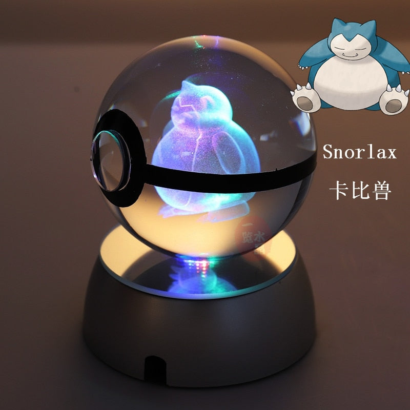 Anime Pokemon 3D Crystal Ball Snorlax Figure Pokeball Engraving Crystal Charizard Model with LED Light Base Kids Gift ANIME GIFT, everythinganimee