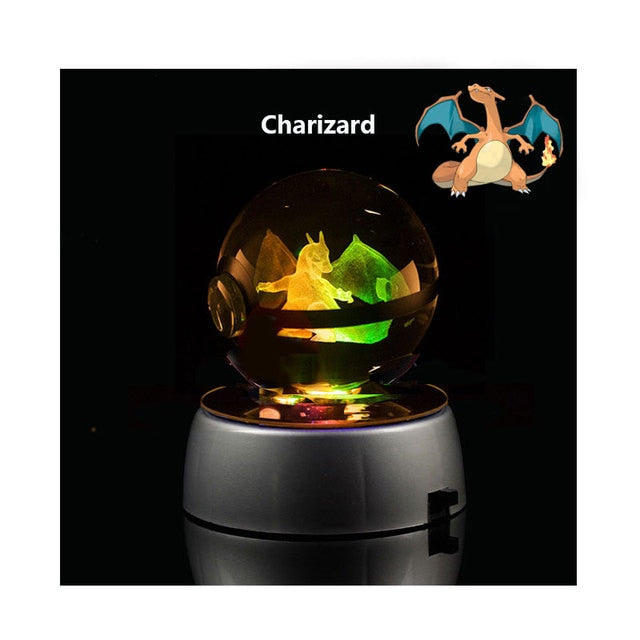 Anime Pokemon 3D Crystal Ball Snorlax Figure Pokeball Engraving Crystal Charizard Model with LED Light Base Kids Gift ANIME GIFT, everythinganimee