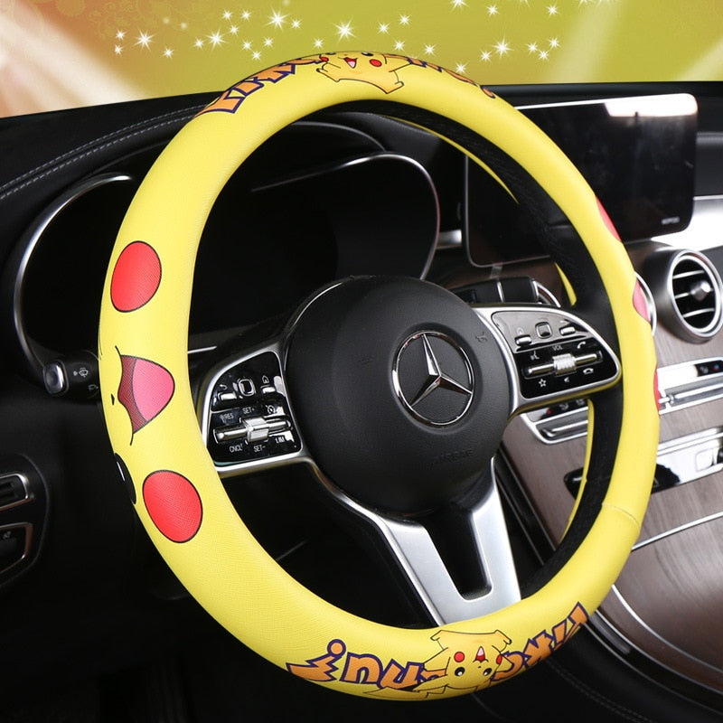 Pokemon Kawaii Pikachu Cartoon Leather Steering Wheel Cover Anime Car Interior Accessories Exquisite Decoration Surprise Gift, everythinganimee