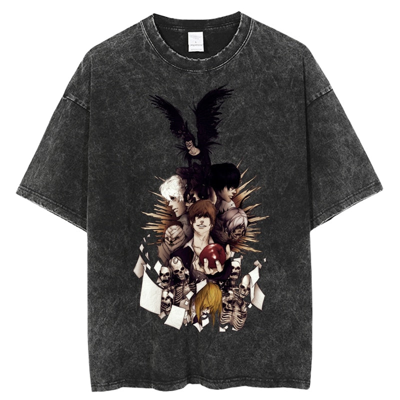 Vintage Washed Tshirts death note Anime Graphic Printing T Shirt Harajuku Oversize Tee Cotton fashion Streetwear unisex top, everything animee