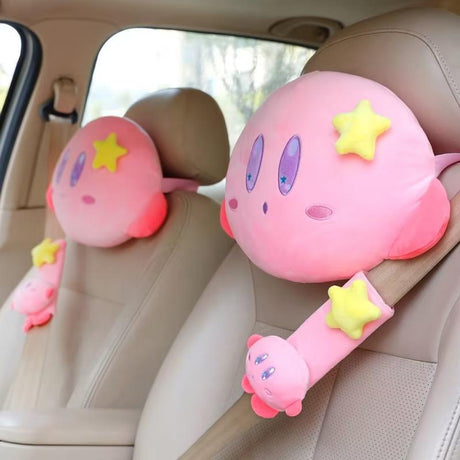 Anime Kirby Plush Car Neck Headrest Pillow Car Accessories Cartoon Kawaii Auto Seat Head Support Neck Protector Seat Belt Covers, everythinganimee