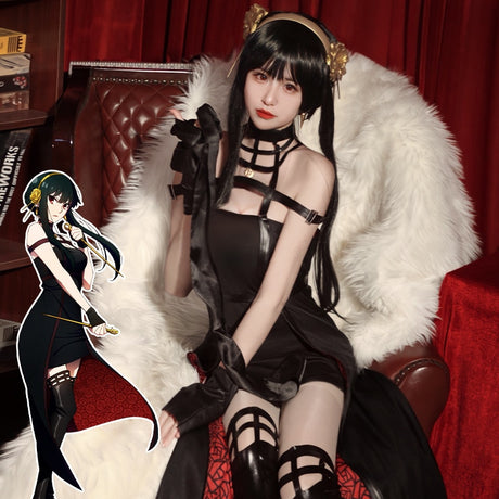 Anime Spy X Family Yor Forger Cosplay Gothic Halter Black Dress Leather Stockings Outfit Yor Earring Long Hair Women Clothes, everythinganimee