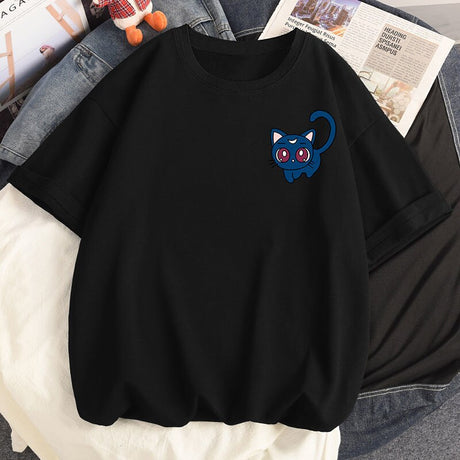 Summer 100% Cotton T Shirt sailor moon Clothes Loose Kawaii Magic Cat Print Short Sleeved T-shirts Women Tops, everythinganimee