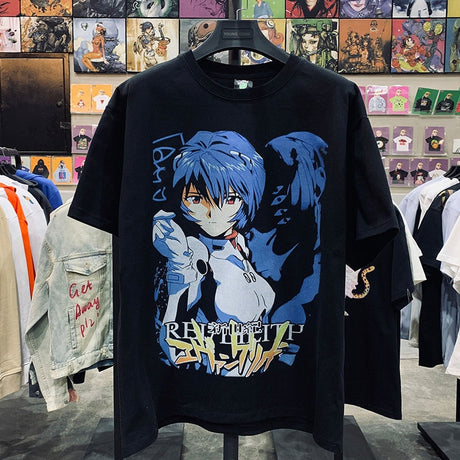 Neon Genesis Evangelion Rei Ayanami Tee Japanese Anime T Shirt y2k Harajuku Cartoon Print Tshirt Oversized Women Clothing Black Tops Manga Graphic Short Sleeve Tees, everythinganimee