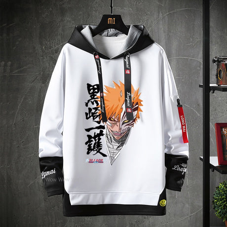 Anime Bleach Hoodies Streetwear Kurosaki Ichigo Ribbons Letter Print Hoodie Fake Two Piece Patchwork Sweatshirt Pullover Clothes