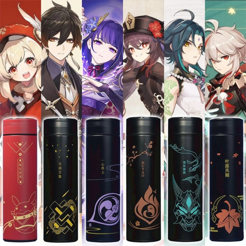Genshin Impact Thermos Cups LED Temperature Display Stainless Steel Kazuha Klee Zhongli HuTao Drinking Bottle Vacuum Flasks, everythinganimee
