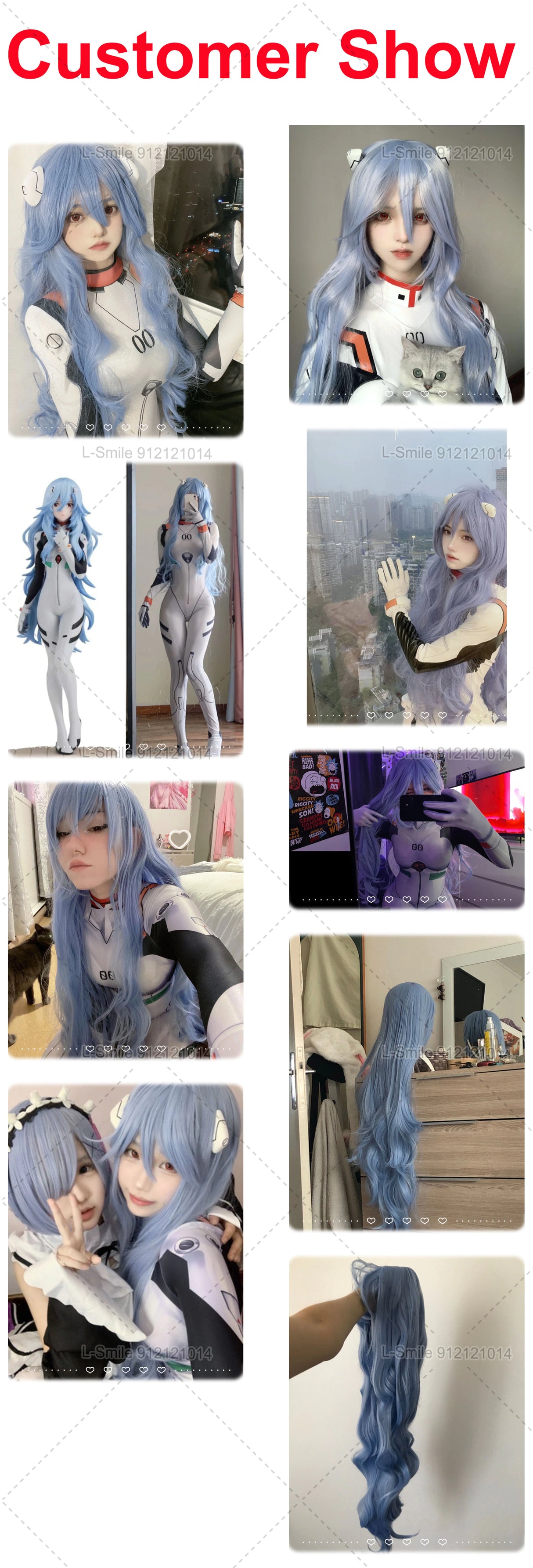 High Quality Anime EVA 100cm Long Ayanami Rei Cosplay Wig Cyan Blue Curly Hair Heat Resistant Halloween Party Wigs + Wig Cap