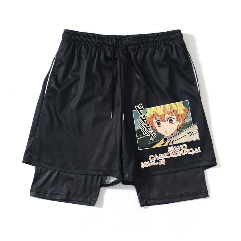 Anime Demon Slayer GYM Shorts 2 In 1 Summer Running Workout Male Breathable Mesh Zenitsu Sportswear Jogger Sports Shorts Men, everythinganimee