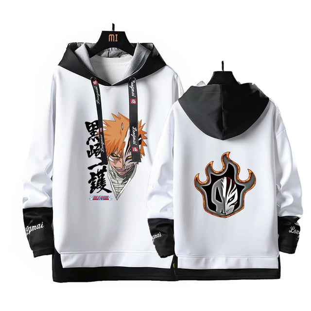 Anime Bleach Hoodies Streetwear Kurosaki Ichigo Ribbons Letter Print Hoodie Fake Two Piece Patchwork Sweatshirt Pullover Clothes