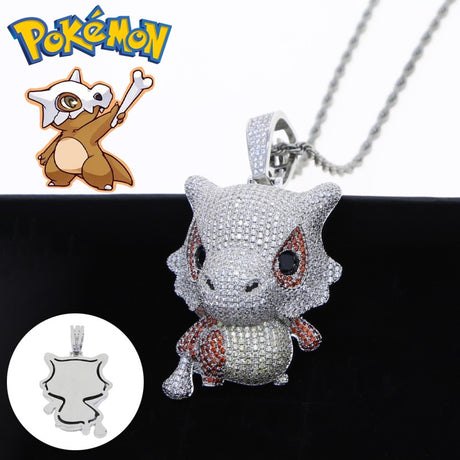 Pokemon Cubone Men Pendant Necklace 3D Anime zircon Silver Color Cuba Stainless Steel Long Chain Necklaces Jewelry Birthday Gift, everythinganimee