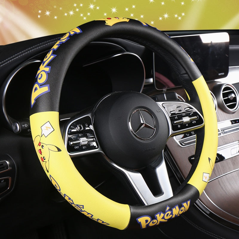 Pokemon Kawaii Pikachu Cartoon Leather Steering Wheel Cover Anime Car Interior Accessories Exquisite Decoration Surprise Gift, everythinganimee