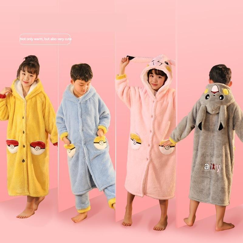 Pokemon Pikachu Nightgown Autumn Winter Thickened Coral Velvet Pajamas Children's Cartoon Suit Middle And Big Flannel Bathrobe, everythinganimee