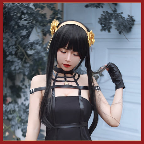 Anime Spy X Family Yor Forger Cosplay Gothic Halter Black Dress Leather Stockings Outfit Yor Earring Long Hair Women Clothes, everythinganimee
