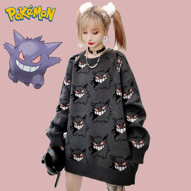 Anime Pokemon Gengar Sweater Women Harajuku Pattern Pullover Loose Korean Style Autumn Winter Warm Knitted Jumper Woman Sweaters, everythinganimee