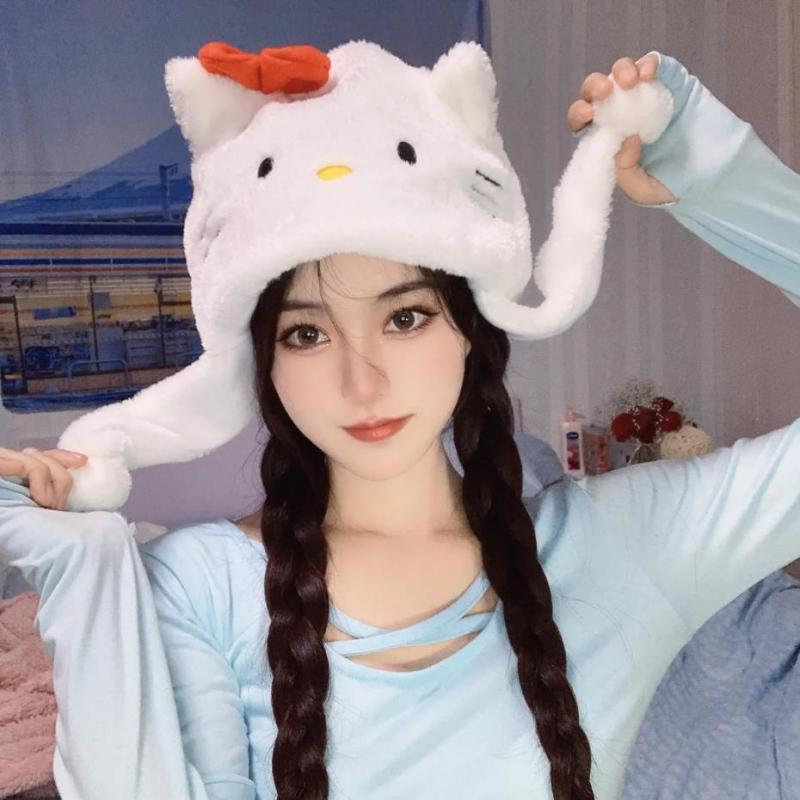 Kawaii Sanrio Hello Kitty Plush Winter Hat Beanie Hat Kawaii Cat Female Cap For Kids Girl Cap Cute Accessories Warm Bonnet, everythinganimee