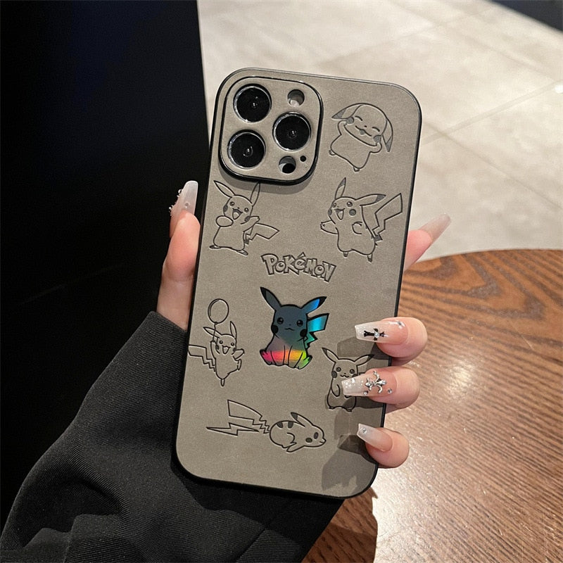 Anime Pokemon Pikachu leather Embossing laser Cartoon Phone Case For iPhone 14 13 12 11 Pro Max Xr X 7 8 14 Plus Case Cute Cover, everythinganimee