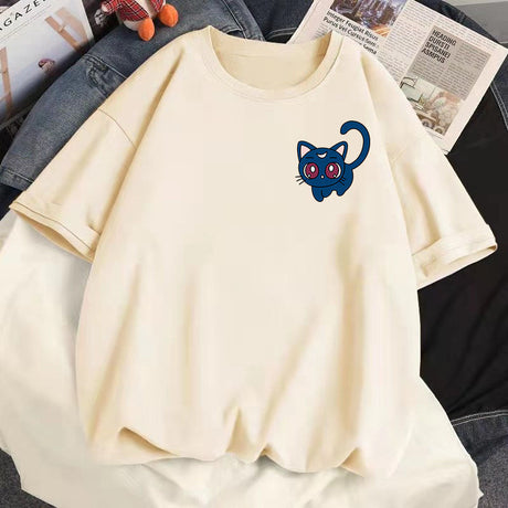 Summer 100% Cotton T Shirt sailor moon Clothes Loose Kawaii Magic Cat Print Short Sleeved T-shirts Women Tops, everythinganimee