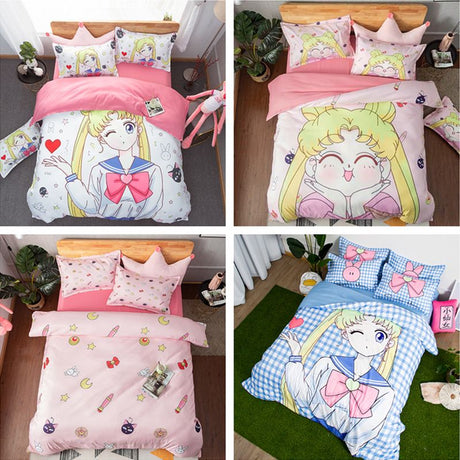 Cartoon Sailor Moon Warrior Kawaii Bedding Supplies Water Ice Moon Student Twin Bed Sheet Quilt Set Three Piece Gift Set, everythinganimee