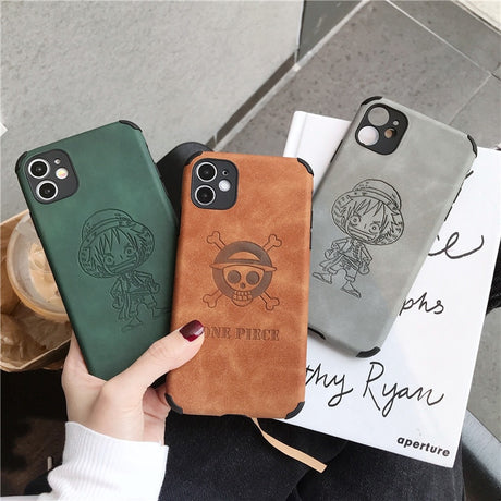 Anime ONE PIECE Luffy Retro Embossed leather cartoon Phone Case For iPhone 14 13 12 11 Pro Max Xr Xs 7 8 14 Plus Case Cute Cover, everythinganimee