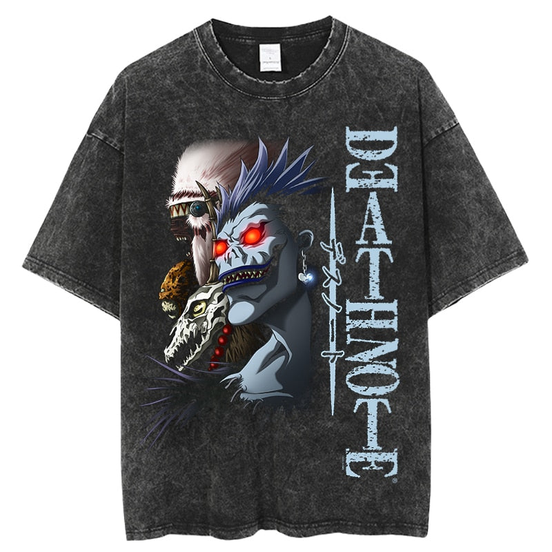 Vintage Washed Tshirts death note Anime Graphic Printing T Shirt Harajuku Oversize Tee Cotton fashion Streetwear unisex top, everything animee