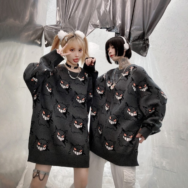 Anime Pokemon Gengar Sweater Women Harajuku Pattern Pullover Loose Korean Style Autumn Winter Warm Knitted Jumper Woman Sweaters, everythinganimee