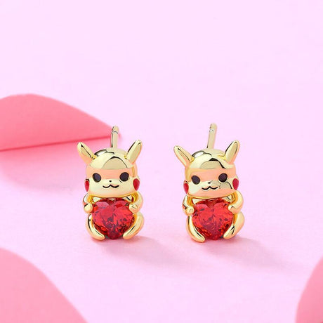 2023 Christmas gift Pokemon Japanese cartoon Pikachu creative gold color love white stone necklace earrings, everythinganimee