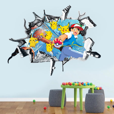 Pokemon 3D wall stickers boys bedroom living room decorative stickers PVC posters Pikachu cartoon animation game mural kawaii, everythinganimee