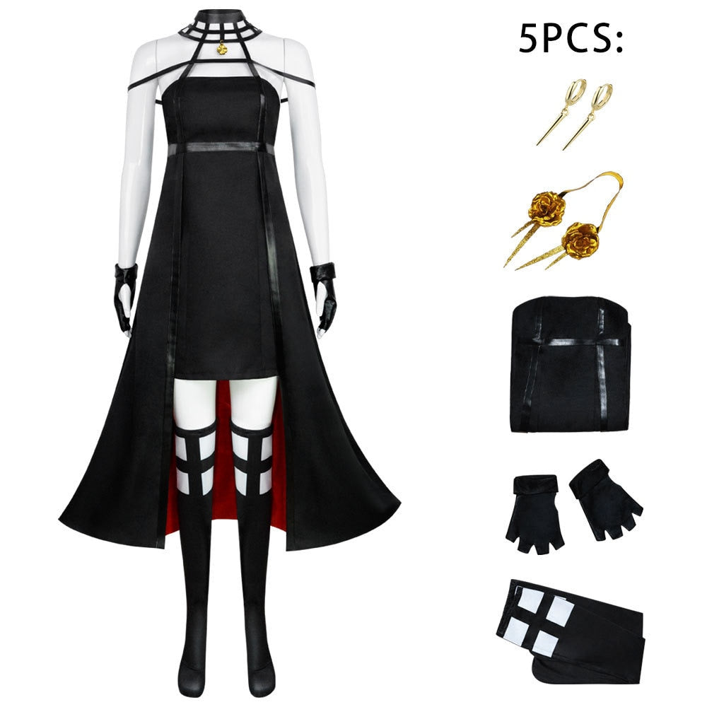 Anime Spy X Family Yor Forger Cosplay Gothic Halter Black Dress Leather Stockings Outfit Yor Earring Long Hair Women Clothes, everythinganimee